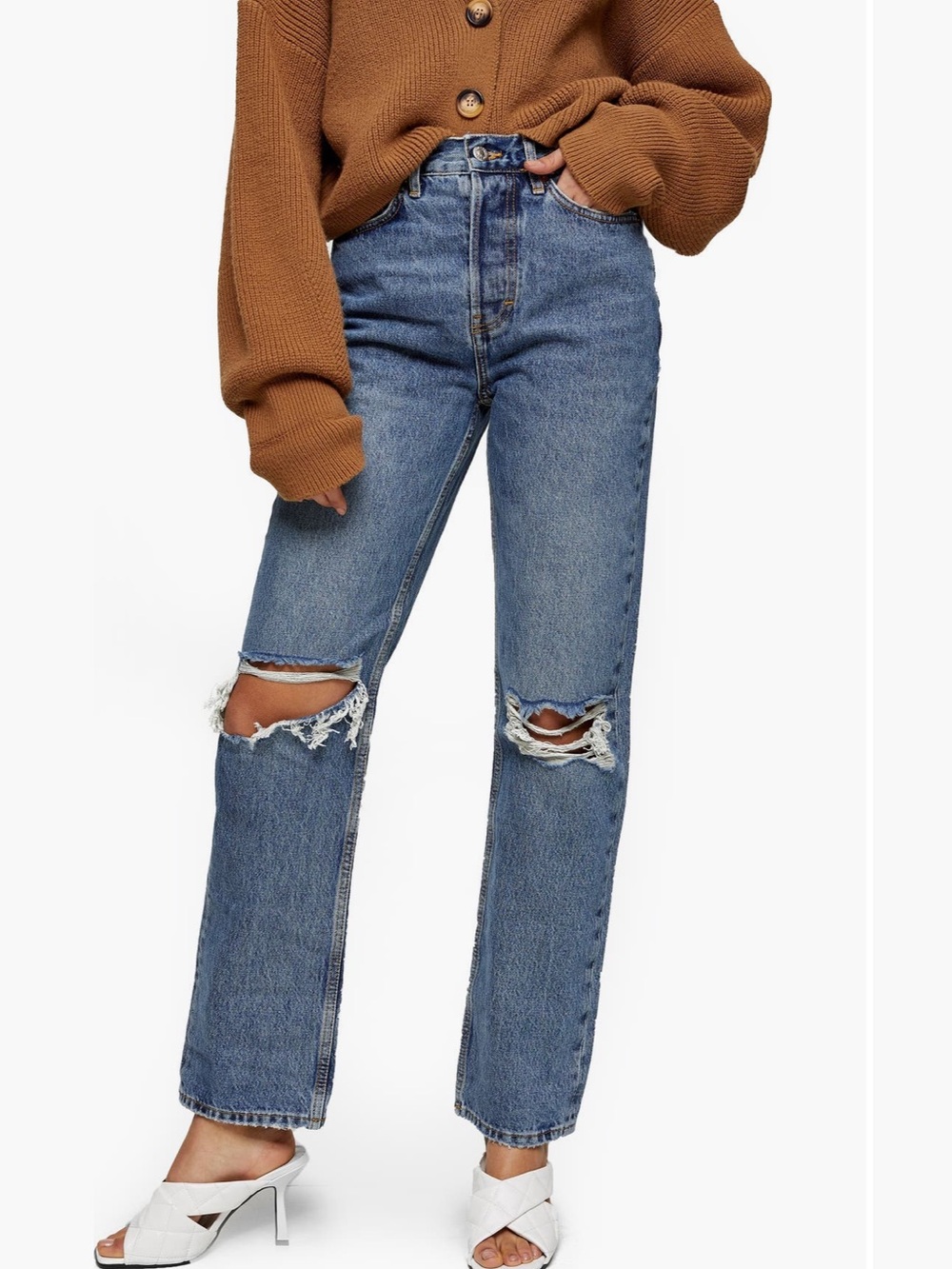 Topshop mid Blue Straight Leg Distressed ripped  dad Jeans 26